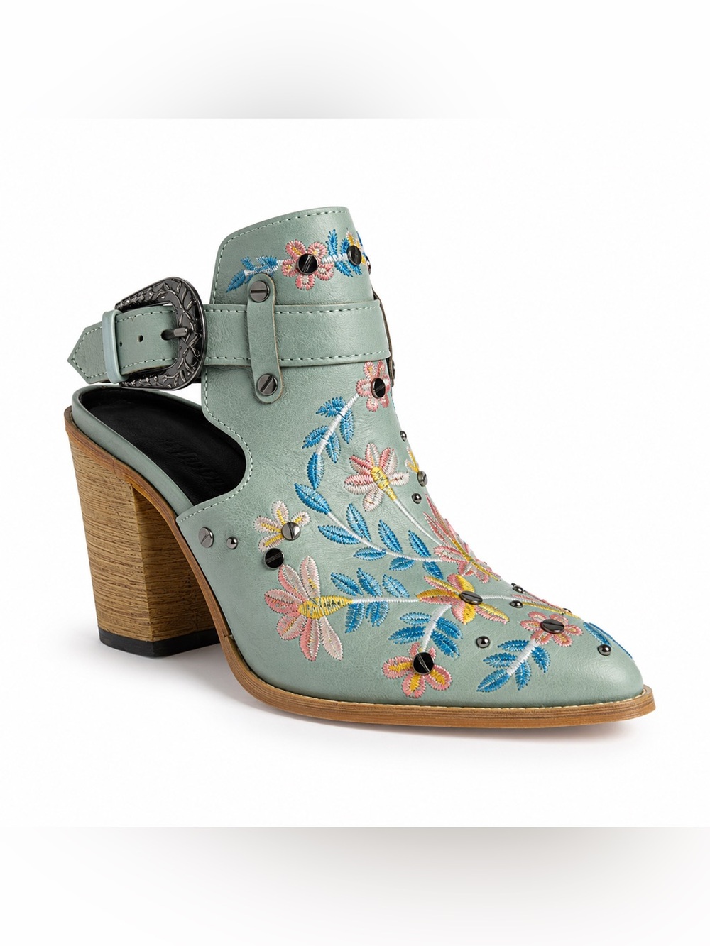 Embroidered Floral Western Mule Booties Sage Blue Studded Block Heel Size 7 - Picture 1 of 9